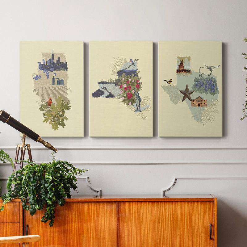Illustrated State-Illinois - ensemble de 3 impressions sur toile tendue, H 12 po x l 24 po x P 1 po