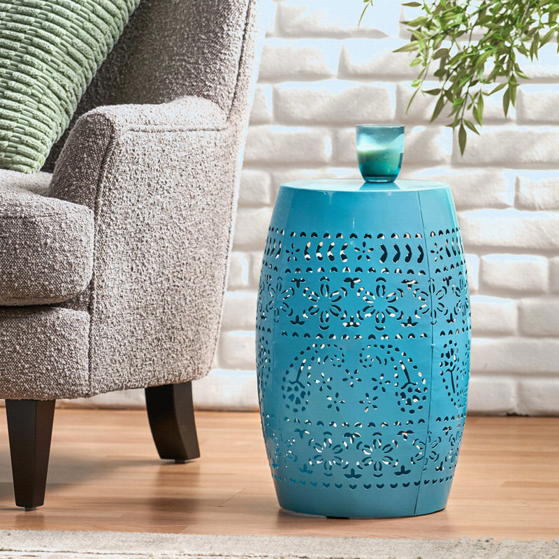 Side Table, Lace Cut Metal End Table for Outdoor & Indoor Use, Barrel Shape Accent Table with No Assembly Needed for Garden, Patio, Living Room, Backyard Decor