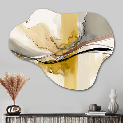 «Touched By Mustard» jaune et ultime gris IV - art mural asymétrique abstrait encre liquide en métal