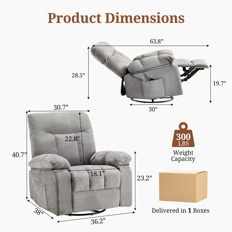 Massage Recliner Chair With Heat & Vibration, Swivel Rocker Recliner With Footrest, Chenille Living Room Reclining Chair