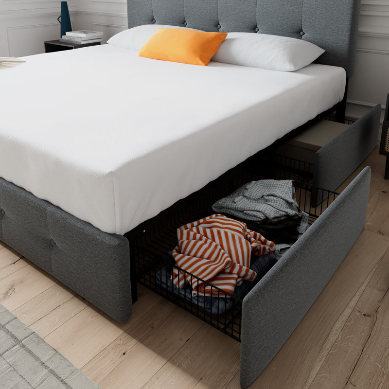 Lit plateforme avec rangement 4 tiroirs et tête de lit ajustable Deyani, Complète, Gris foncé