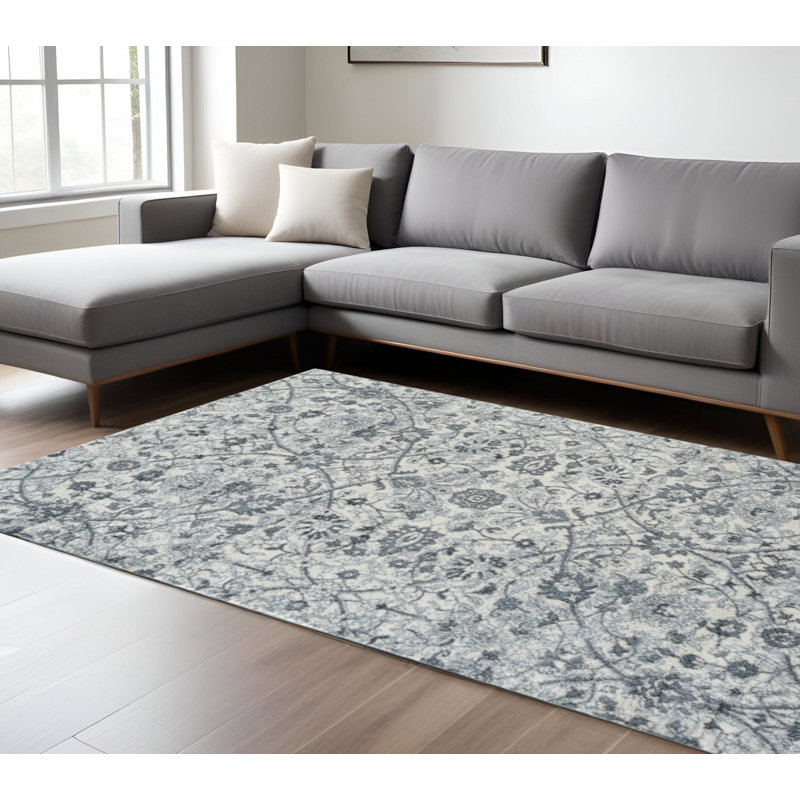 Tapis tissé à la machine 9 pi x 12 pi gris anthracite et floral