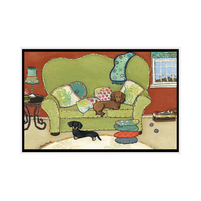 « Teckel Love » par Jamie Morath-impression, H 18 po x l 26 po x P 1,5 po, Toile blanche encadrée, Pas de tapis