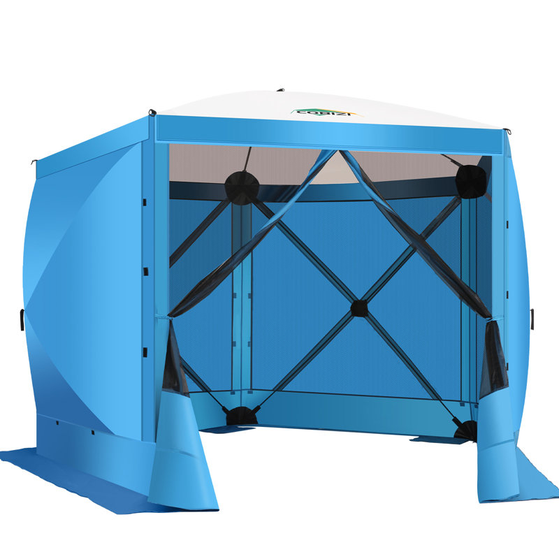 10x10ft Camping Gazebo Screen Tent, 5 Sided Pop-up Canopy Shelter with Mesh Windows, Blue
