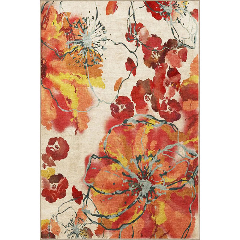 Red Beige Themed Floral Rose Patterned Fringed Vintage Decorative Carpet, Rectangle 5'2" x 7'7"