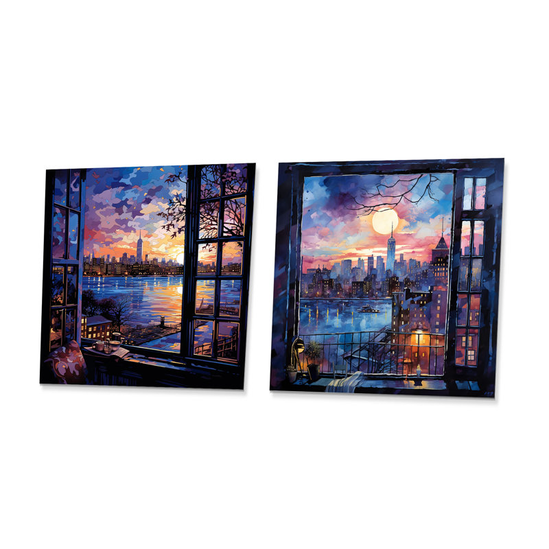 Blue Nyc At Night Window View I - New York City, ensemble de 2 impressions murales carrées, H 36 po x l 72 po