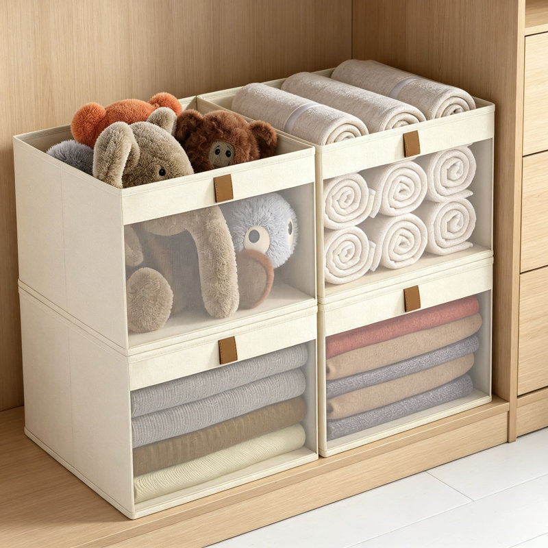 Linen Closet Organizers and Storage Baskets with Mesh Window, Foldable Organization Bins for Clothes Towels and Toys, Sturdy Storage Solution for Shelves, Beige, 4 Pack