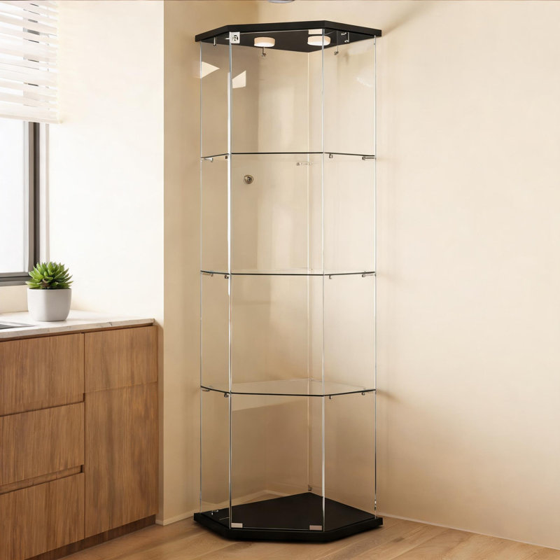 Corner Five-Sided Display Liquor Cabinet, Storage Function, Classic Black, Built with Tempered Glass and Engineered Wood for Living Room and Office