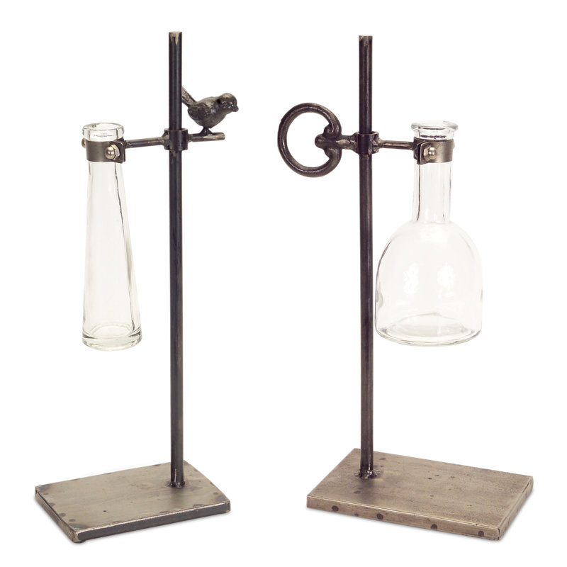 Set Of Two 14.5" Metal Brown Round Table Vase