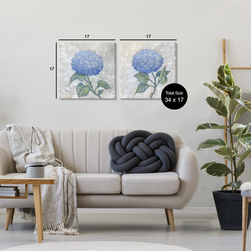 «Blue Hydrangea Garden Blooms», ensemble d'art mural sur toile 2 pièces, design par Paul Brent, H 17 po x l 17 po