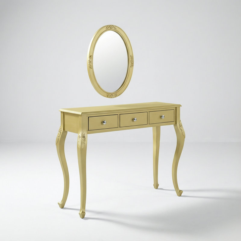 Élégante coiffeuse à miroir ovale courbée avec trois tiroirs et un plateau à bijoux en velours, un élégant meuble-lavabo pour la chambre à coucher ou le salon