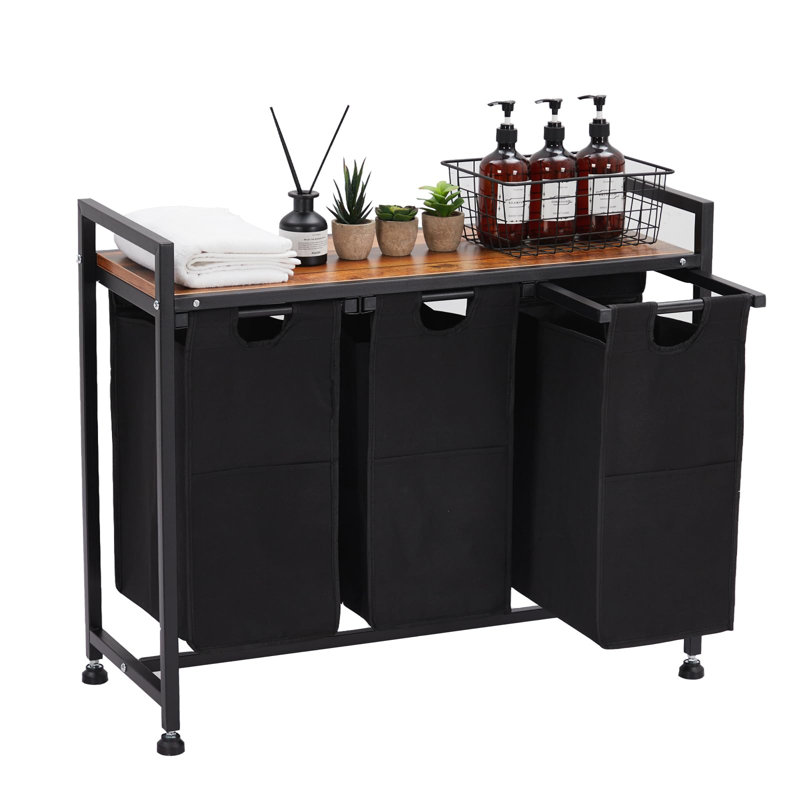 28 inch Black 3 Removable Pull-Out Oxford Fabric Baskets Large Capacity Laundry Hamper Organizer with Adjustable Shelf