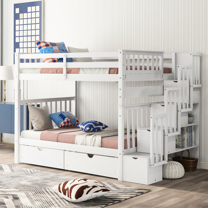 Full Over Bunk Bed, White Finish, Shelves And Drawers For Efficient Space Management, Solid Staircase Safe Upper Entry Bed With Functional Ample Storage Drawers, Ideal Sleepovers, Easy Access,