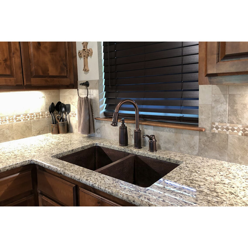33" Hammered Copper Kitchen 50/50 Double Basin Sink with Matching Drains, and Accessories