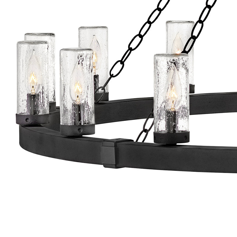 Sawyer 46" Fifteen-Light Outdoor Candle Chandelier w/ Clear Seedy Glass Shades