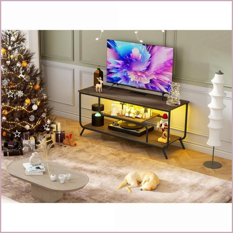 TV Furniture | Modern Light Gray TV Stand with Power Outlets &amp; LED Lights | Fits 32-55” TVs | MDF+Iron | Contemporary