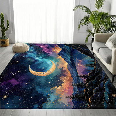 Dreamy Cosmic Crescent Moon Starry Sky Mountain Forest Landscape Area Rug, Cool Tone Night Nature Pattern, Soft Durable, Machine Washable Non-Slip Floor Carpet, Stylish Aesthetic Artistic Indoor Home Decor for Living Room, Bedroom, Dormitory