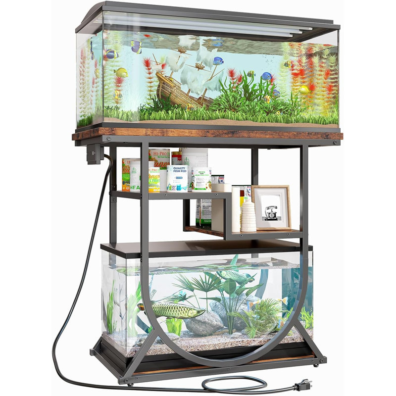 Support d'aquarium de 20 à 29 gallons avec prise de courant, support d'aquarium en U en métal avec tablettes de rangement, brun rustique