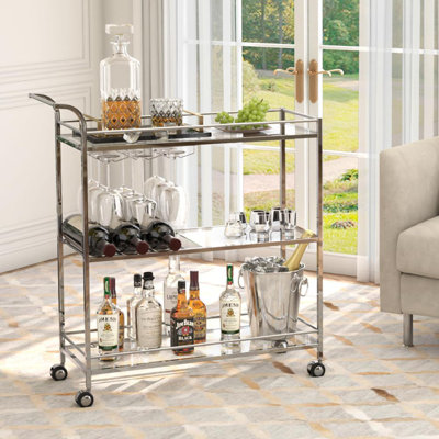 Silver 3-Tier Bar Cart For Home, Modern Serving Cart With Wine Rack & Glass Holder, Mobile Kitchen Shelf For Dining Living Room