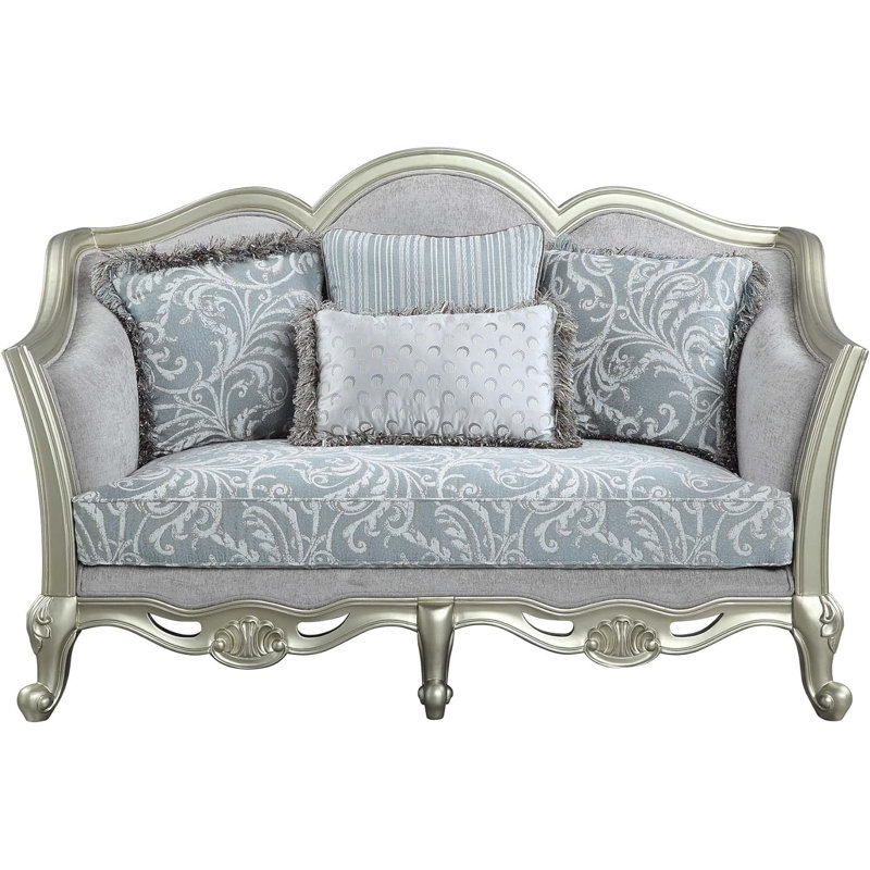 66" Light Grey Damask Linen And Curved Loveseat and Toss Pillows