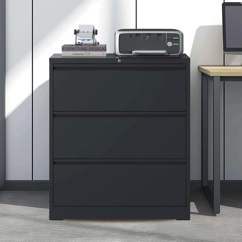 Armoire de bureau verrouillable à 3 tiroirs en métal noir pour la gestion des dossiers, Noir