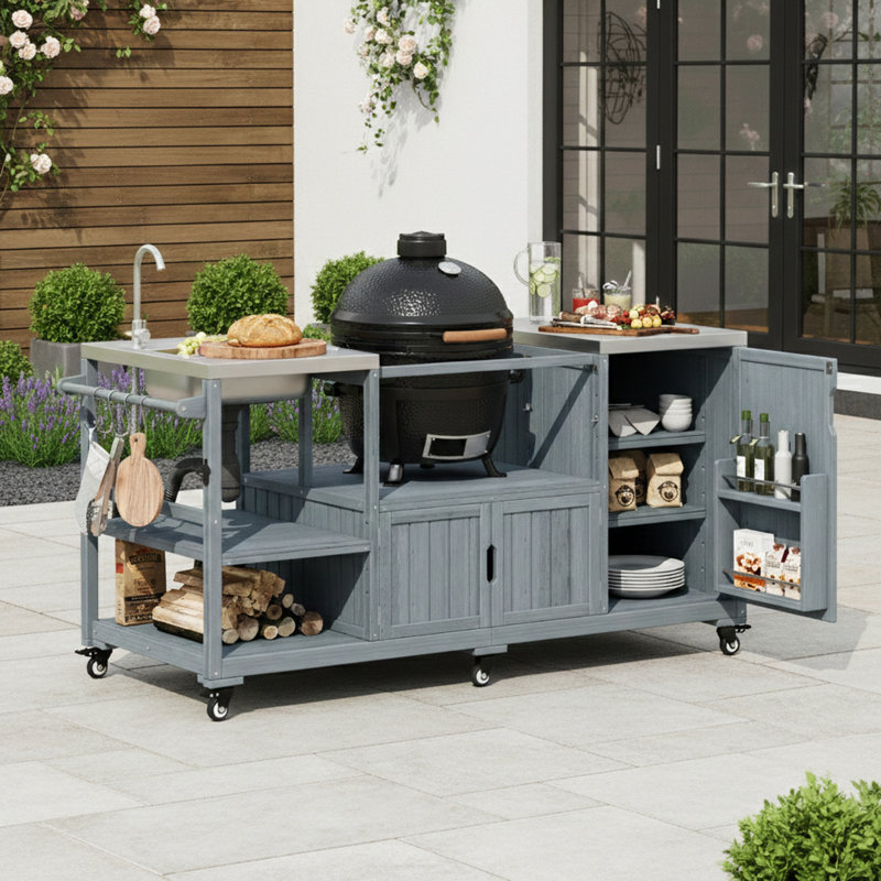 Îlot de cuisine roulant avec évier et armoire de rangement, Bleu gris