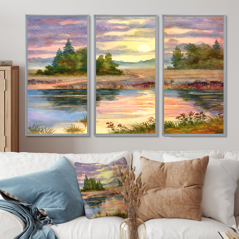 Coucher de soleil sur le lac I - ensemble d'art mural sur toile traditionnel encadré de 3, H 40 po x l 60 po, Argent