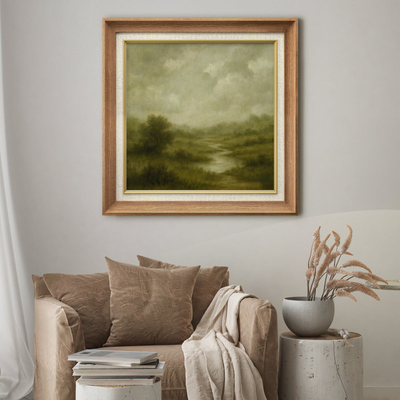 «Misty Green Meadow River Scene Wall Decor», reproduction d'art sur toile encadrée, H 26 po x l 26 po x P 1,5 po
