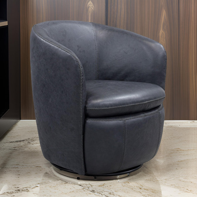 Fauteuil d'appoint pivotant Niko, conception en baril rond, cuir fleur, Cuir véritable bleu foncé