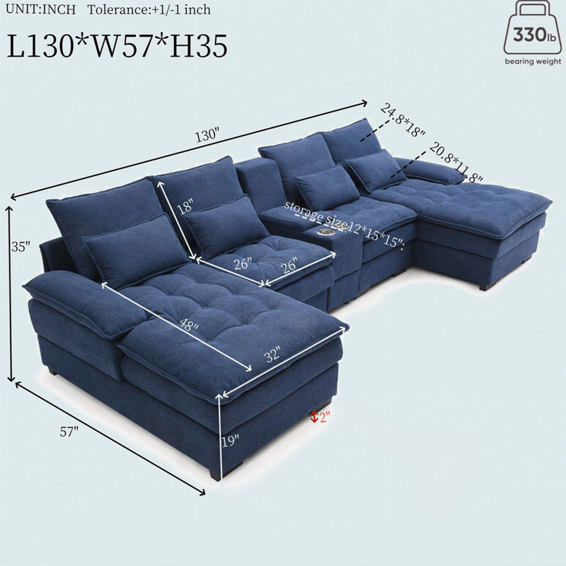 130" U-Shaped Sofa With Console, Cupholders, 6-Seat Upholstered Primary Living Space Furniture, Sleeper Couch Set With Chaise
