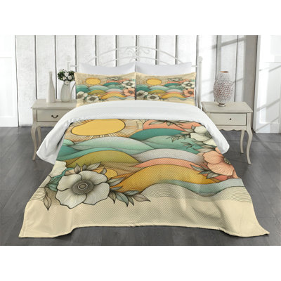 Ambesonne Boho Floral Bedspread Set Sunny Mid Century Waves Mustard Seafoam Champagne -  bed_sd1651_king