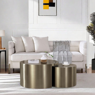 Gold-Brushed Nesting Coffee Table for Living Room, Brass Coffee Tables 2 in 1