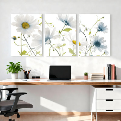 Marguerite blanche motif floral sur toile tendue, ensemble de 3 reproductions de peintures à l'huile pour salon