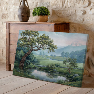 Reproduction d'art sur toile, "Un paysage serein" avec un étang qui coule doucement entouré d'une verdure luxuriante avec un arbre torsadé