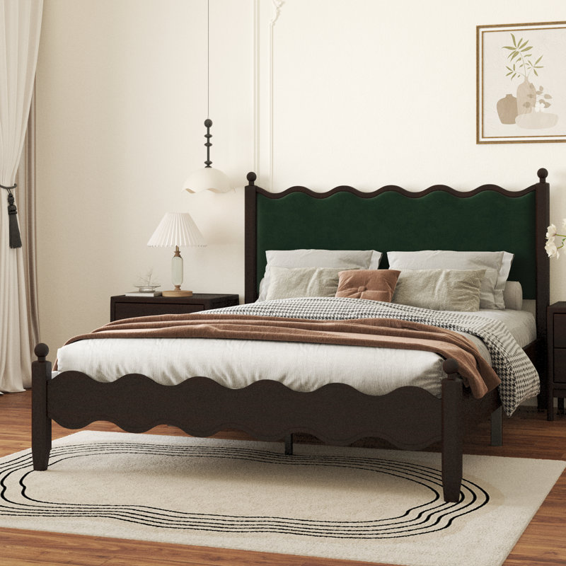 Ines Wood Bed Frame with Upholstered Headboard - Velvet Upholstery, Queen, Green