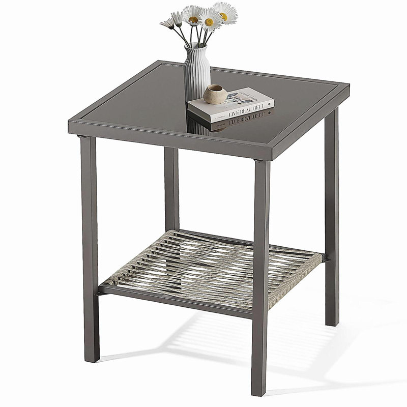 Outdoor Wicker Side Table, 22x18x18 inch All Weather Rattan Small Patio Table Square End Table for Pool Balcony Deck Porch Lawn Backyard, Dark Gray