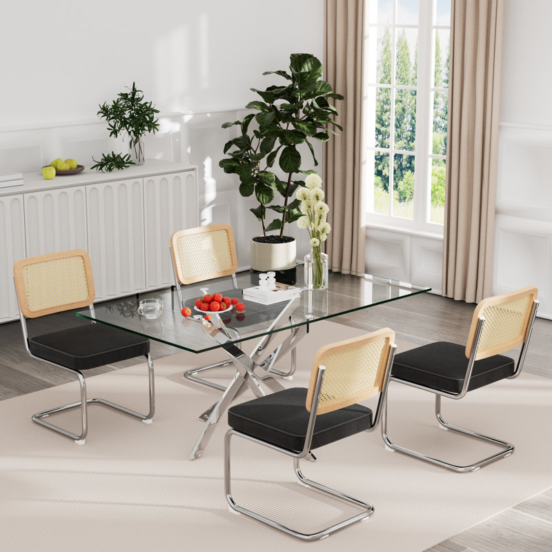 Ensemble de table rectangulaire en verre trempé, 5, Noir / Naturel / Argent