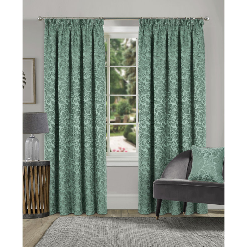 Hallas Pencil Pleat Damask Jacquard Curtains, Alpine, 114 W x 122 D cm