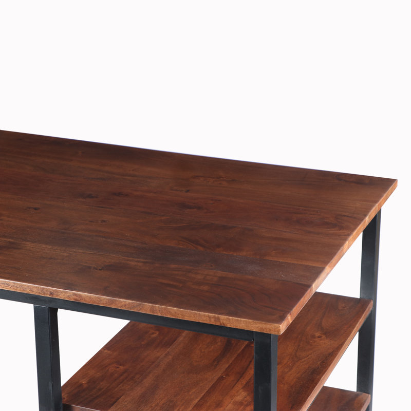 Minimalist Acacia Wood and Black Metal Desk with Side Shelves