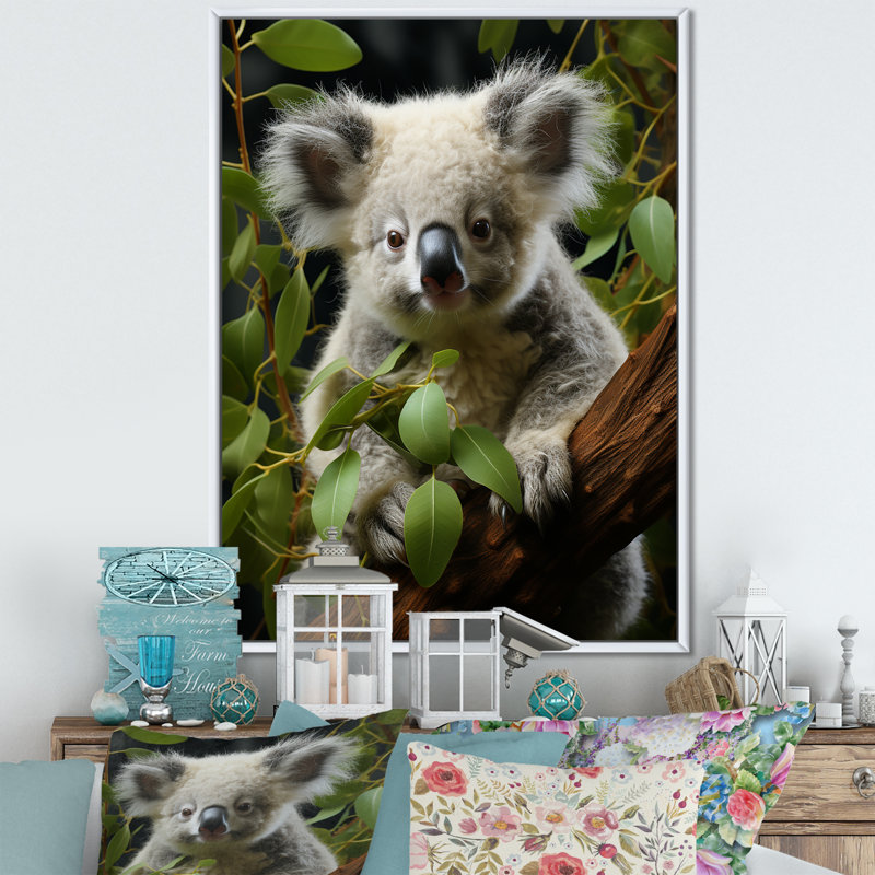 «Realistic Koala Eucalyptus Observer 2», art mural animal koala, Cadre flottant blanc, H 32 po x l 16 po