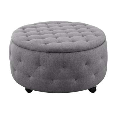 Rangement rond gris foncé avec plateau réversible et 4 repose-pieds latéraux, pouvant servir de repose-pieds ou de table, pouvant supporter 250 lb, fait de bois durs sélectionnés, coins renforcés, l 36 po de profondeur, 19 po de hauteur,