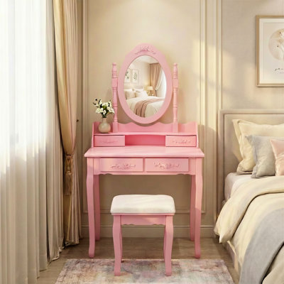 Table de coiffeuse rose avec 4 tiroirs, miroir réglable 360 et structure pour chambre à coucher - bureau en bois avec tiroir et tabouret pivotant rose