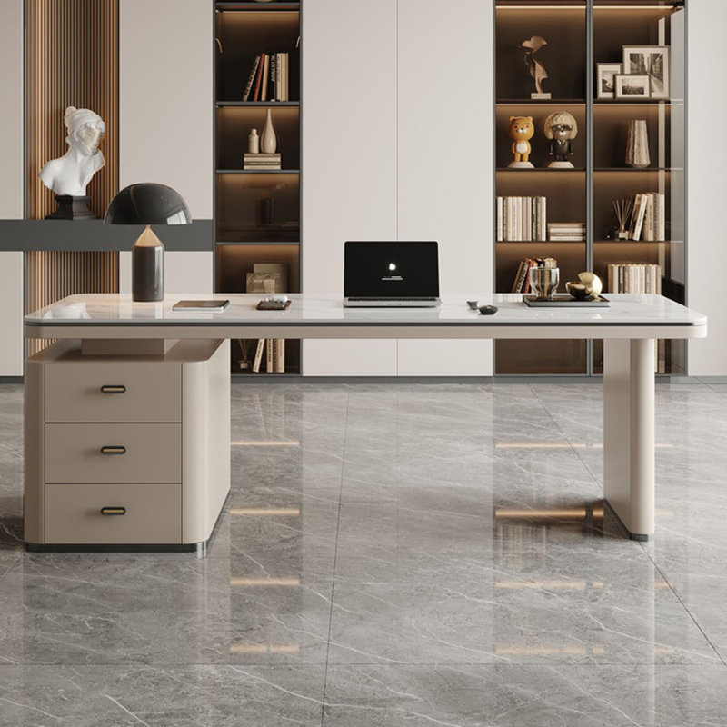 Bureau blanc / blanc + beige pierre rectangulaire + bois manufacturé avec 3 tiroirs, Retour à gauche