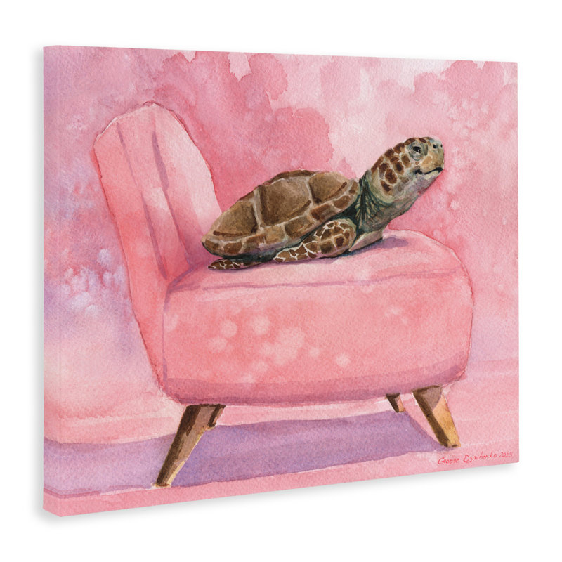 «Happy Turtle» sur toile de chaise rose, design par George Dyachenko, H 16 po x l 20 po