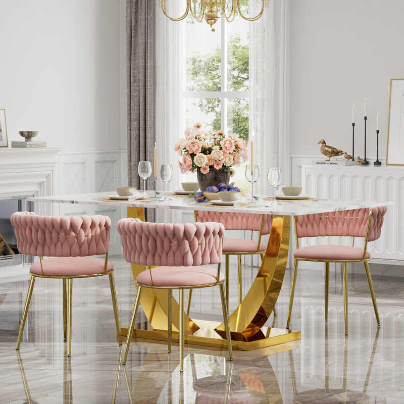 Ensemble de salle à manger à piédestal rectangulaire avec chaise de salle à manger en velours Modern Weaven, Table, 4 chaises