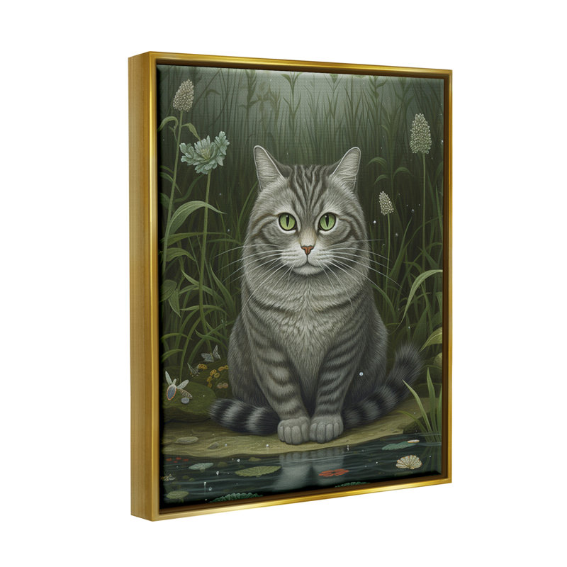 Gray Floater Framed Cat and Pond Lilies Canvas Print, 17 x 21