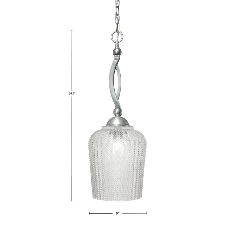 Luminaire suspendu en forme de boucle d'arc avec finition en nickel brossé et verre texturé transparent de 9 po