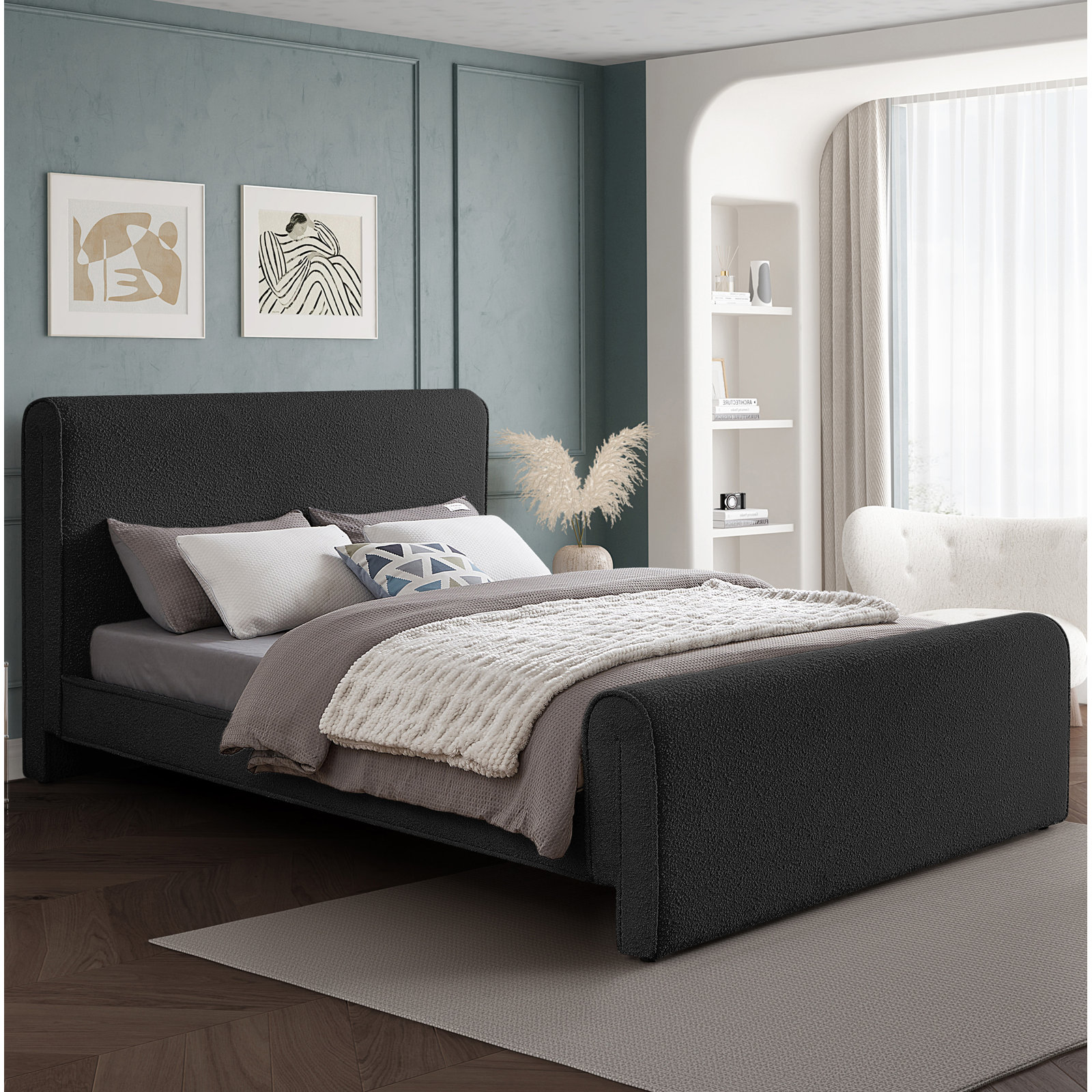 Chaylin Platform Bed, King, Black Boucle Fabric