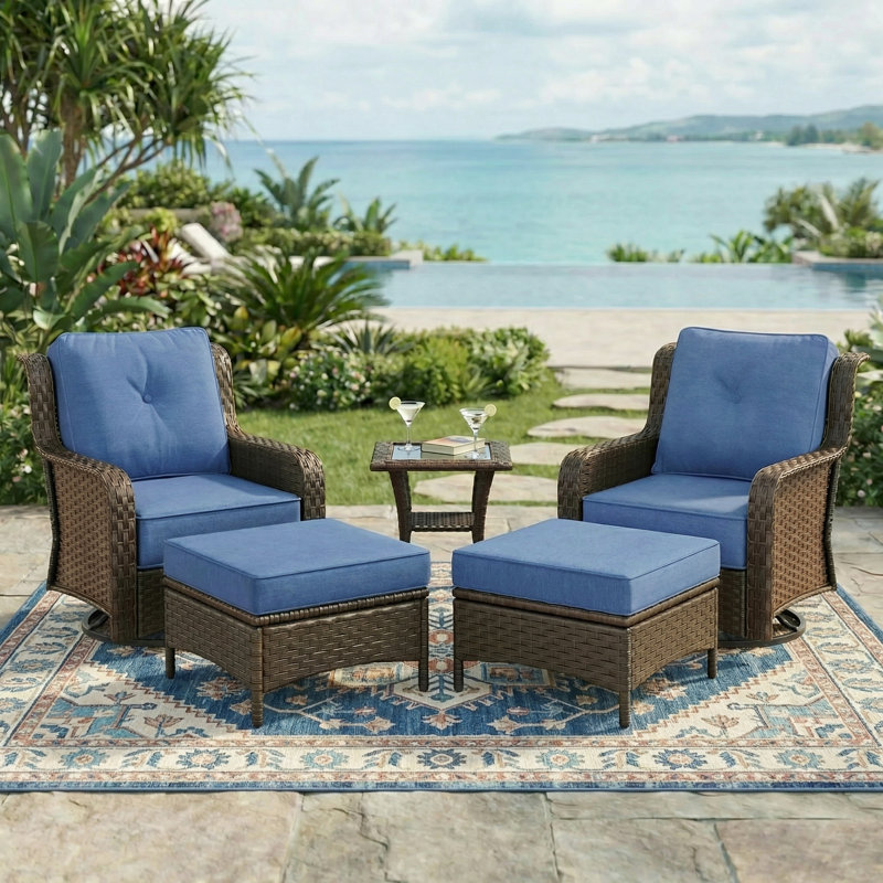 Ensemble de 5 chaises pivotantes en osier avec coussins, table basse et repose-pieds, Bleu