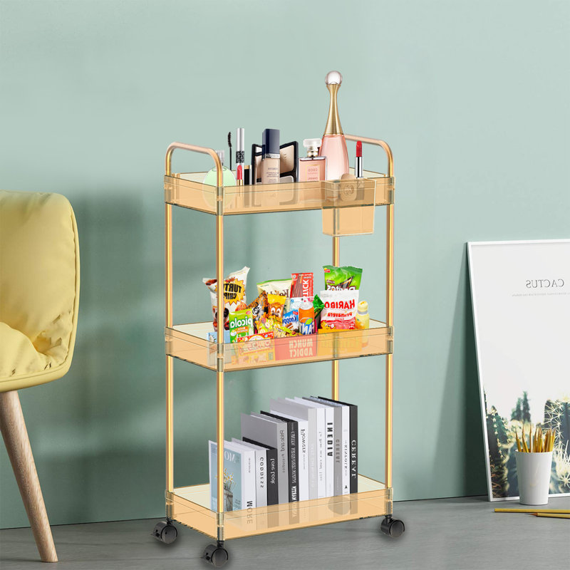 3-Tier Acrylic Shelf,Multi-functional Rolling Practical Rrolley,Flexible & Durable, Orange/Gold